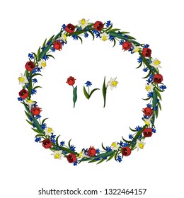Set with white daffodils, red tulips and scilla flowers. Round frame and spring flower elements on white background. Romantic floral elements for season greeting cards, posters, advertisement