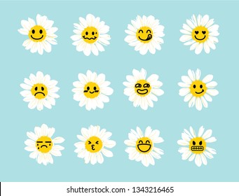 Set of White daisy or chamomile with cute and funny emoji face.Isolated. Vector illustration