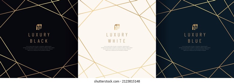 Set of white, dark blue, black frame with geometric golden lines overlap design. Abstract backdrop for cosmetic product. Collection of luxury geometric vector background with copy space. Top view.