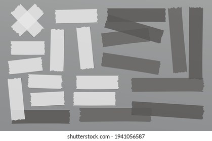 Set of white and dark grey different size adhesive, sticky, masking, duct tape, paper pieces are on grey background