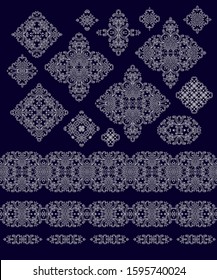 Set of white  decorative elements - ornamental rosettes, mandala, ornamental vector border ribbons, oriental style, on dark background