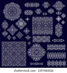 Set of white  decorative elements - ornamental rosettes, mandala, ornamental vector border ribbons, oriental style, on dark background