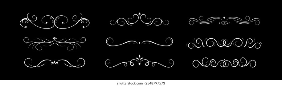 Conjunto de divisor de remolinos decorativos blancos. Colección de objetos caligráficos para invitación de boda, tarjeta de felicitación, divisor de libro, diseño de certificado. Elementos de borde vintage de Vector sobre fondo negro