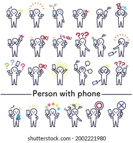 A set of white deformed human illustrations holding a smartphone in one hand and posing in various poses.