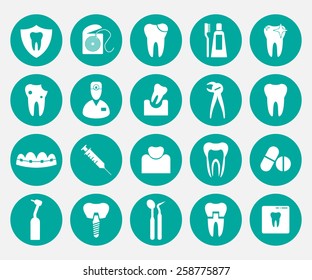 Set of white dental icons in green circles.