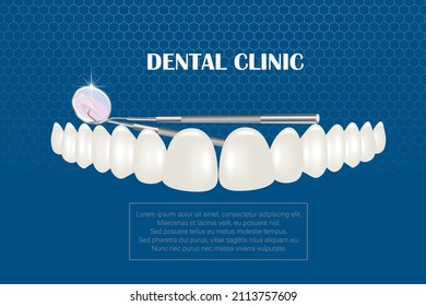 A set of white dentures with a dental instrument. The design concept of dentistry and orthodontics for medicines and toothpaste. Healthy oral hygiene, prosthetics of the jaw, veneers.