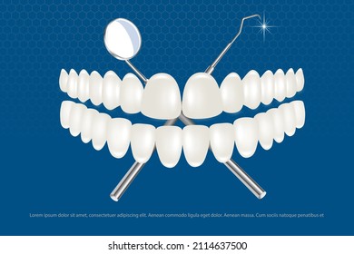 A set of white dentures with a dental instrument. The design concept of dentistry and orthodontics for medicines and toothpaste. Healthy oral hygiene, prosthetics of the jaw, veneers.