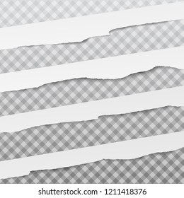 Set of white diagonal ripped paper strips, torn note paper for text or message are on squared background. Vector illustration