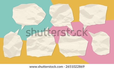 Set of white dialogue balloons made from crumpled paper with rugged torn edges. Gritty dotted texture, halftone shading and jagged torn edges on a notebook sheet. Vector.