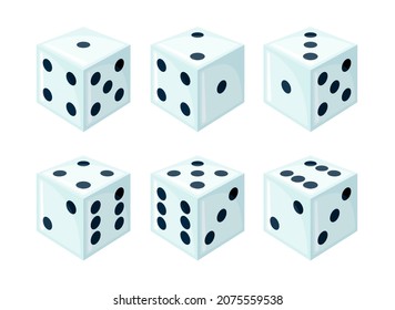 Set of white dices with black dots from different sides view.