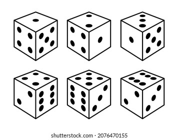 Set of white dices with black dots from different sides view.