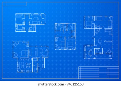 Set of white different blueprint house plans