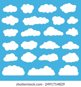 Set of white different cartoon clouds on blue sky background. Flat design. Vector illustration.