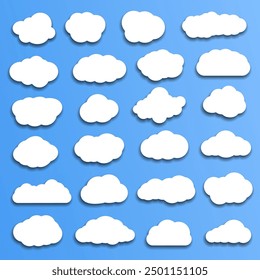 Set of white different cartoon clouds with shadows on blue sky background. Flat design. vector illustration. paper cut effect.