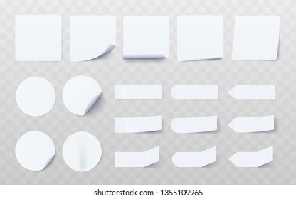 Set of white different shaped stickers and flags realistic style, vector illustration isolated on transparent background. Blank adhesive sheets of adhesive notes paper for labeling information