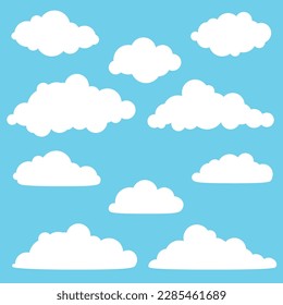 Set of white different simple clouds isolated on a blue background