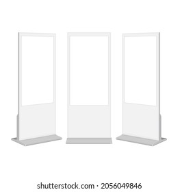 Set of White Digital Signages with Blank Screens, Front and Side View. Vector illustration