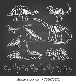 Set of white dinosaurs outlines with lettering and footprints on a chalkboard background. Vector illustration