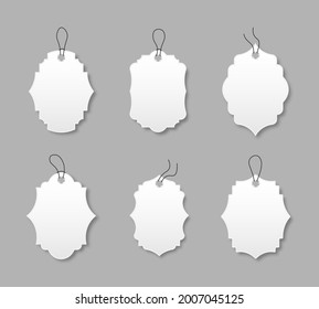 Set of white discount labels with various shape. Blank paper price tags or gift tags in different shapes. Special offer. Labels with cord.
