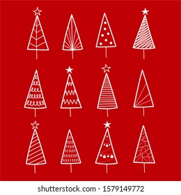 Set of white doodle Christmas tree vectors, isolated on a red background.