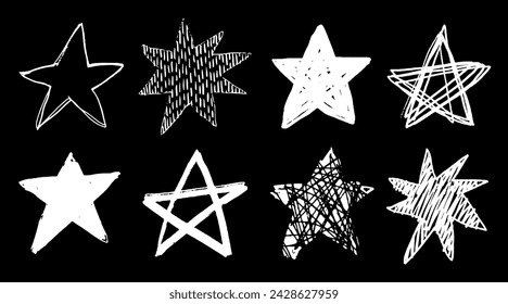 Set of white doodle style stars drawn by hand. Grunge scrawls, chalk scribbles, rough brush strokes, underlines. Bold charcoal freehand stars. Crayon or marker scribbles