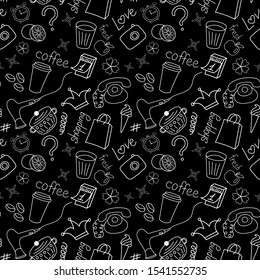 Set of white doodles on a black background, women things, seamless pattern