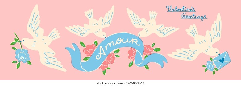 Set of white doves for the Valentine's Day or wedding. Vector illustration of flying birds holding flowers and letters. Romantic messenger concept. Design elements for invitation, banner or postcard.