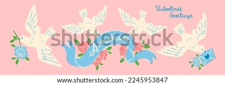 Set of white doves for the Valentine's Day or wedding. Vector illustration of flying birds holding flowers and letters. Romantic messenger concept. Design elements for invitation, banner or postcard.