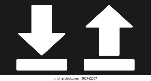 Set of white download now and upload receive data from and upload to remote cloud storage arrows buttons icons trendy minimalistic flat isolated design vector illustration on dark background