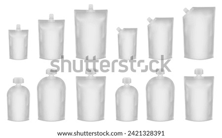 Set of white doypack packaging with screw cap. Blank foil drink bags pouches with spout. Ketchup, mayonnaise or mustard. Stand up doy pack mock up set. Cosmetic refill. Fruit puree, baby food