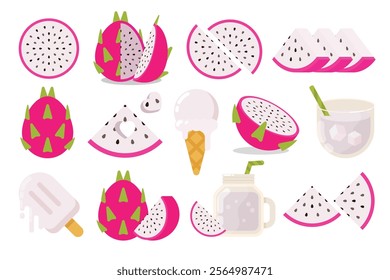 Set of White Dragon fruit, Farm fresh product emblem for grocery shop, collection of ice cream, Juice jar, glass of juice, ice cream cone and stick, simple flat vector illustration of fruits.