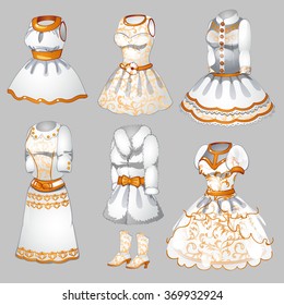 A set of white dresses and fur in retro style. Vector.