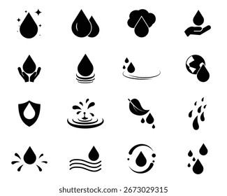 Set of white drops, raindrops, splash, sea waves, pouring water, spray icons and design elements. Water drop icon, Water droplet symbol, Minimalistic drop icon set design.