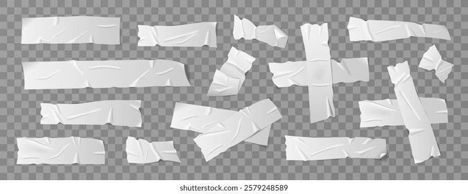 Set of white duct tape, adhesive tape or sticky paper strips. Isolated elements with overlay on background. Collection of realistic tape pieces for collages and school designs. Vector illustrations.