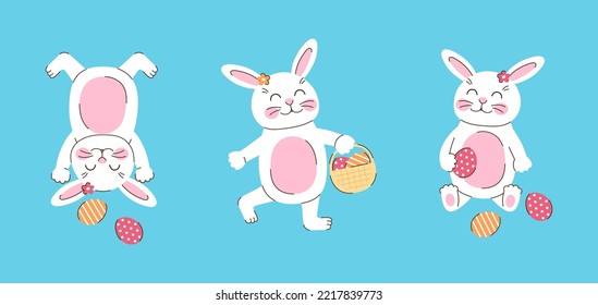 Set of white Easter bunnies with eggs in different poses. A cute rabbit stands upside down, walks with a basket, sits. Vector flat illustration on blue background