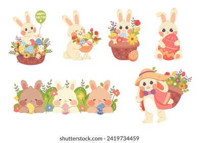 Set of white Easter bunnies with flower baskets and eggs. Vector illustration of cute characters for children at Easter