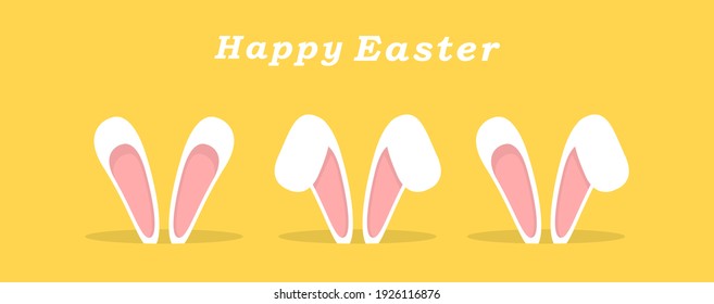 Set of white Easter bunny ears. Greeting card with white Easter rabbit. Funny bunny on yellowbackground. White hare crawls out of the mink. Bunny ears sticking out of the mink. Happy Easter