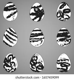 Set of white Easter eggs with black hand-drawn pattern. Collection of unusual decorated eggs. Celebrating. Religious symbolism. Painted eggs.
Isolated. Vector illustration