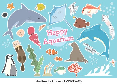 Set of white edged illustrations of various fish and mammals, seaweeds and mollusks in the aquarium