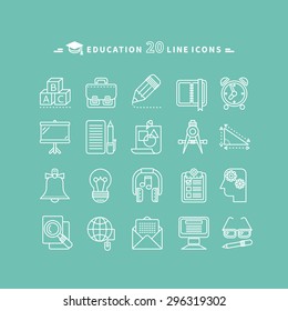 Set of white education thin, lines, outline icons. Items for study alphabet, pencil, headphones, bag, computer, glasses on green background. For web and mobile applications 