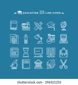 Set of white education thin, lines, outline icons. Items for study ruler, pencil, microscope, backpack, computer, palette, glasses on blue background. For web and mobile applications 