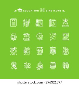 Set of white education thin, lines, outline icons. Items for study ruler, pencil, microscope, backpack, computer, flasks, glasses. For website and mobile applications 