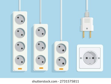 Set of White Electrical Extension Power Strips, Wall Socket, and Male Plug Vector Illustration