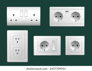 Conjunto de enchufes eléctricos blancos sobre un fondo oscuro. Ilustración vectorial realista