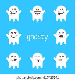 set of white emoji ghost on blue background. concept of spooky monster or wraith in costume and simple pack of social network messages. flat style trend unusual logo or graphic avatar design
