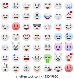 Set of White Emoticons. White Smile Icons. Isolated vector illustration on white background
