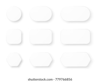 set of white empty realistic buttons with rounded corners and shadow on white background