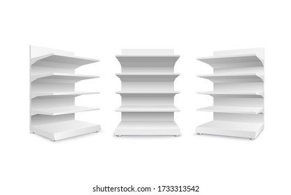 Set of white empty store shelves isolated on a white background. Shelving for retail. Showcase template. Vector illustration