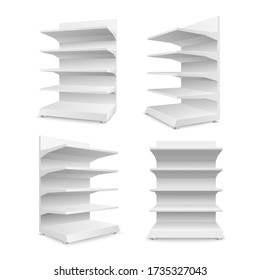 Set of white empty store shelves isolated on a white background. Shelving for retail. Showcase template. Vector illustration