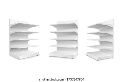 Set of white empty store shelves isolated on a white background. Shelving for retail. Showcase template. Vector illustration